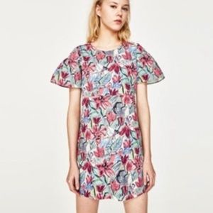 Zara Trafaluc Collection Watercolor Floral Bell/Puff Sleeve Tie Back Mini Dress